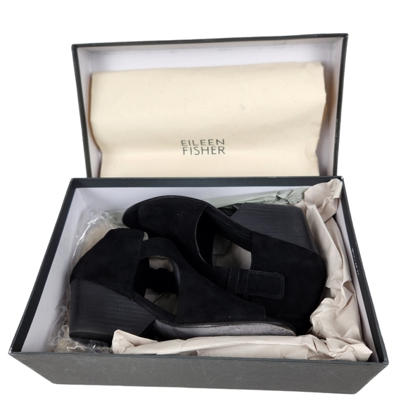Eileen Fisher Iris Black Suede Leather Chunky Heel Ankle Bootie Women's Size 7.5 - Picture 13 of 13